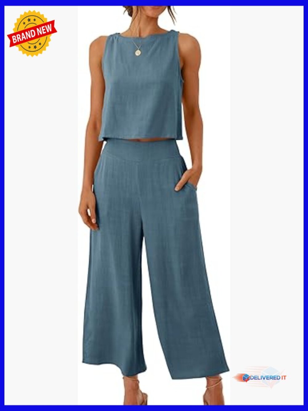 Women's 2 Piece Outfit Linen Crop Top Wide Leg Capri Pants Set